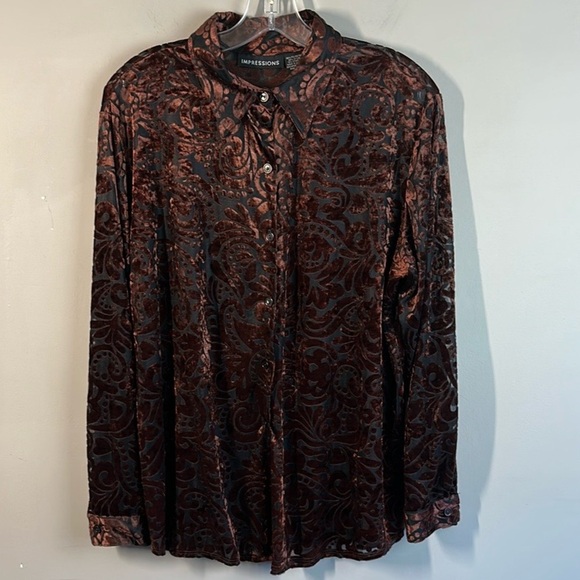 Impressions Brown Velvet Burnout Button Front Top Size XL Fairycore Whimsigoth - Picture 1 of 16